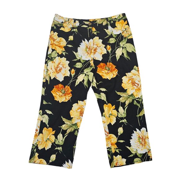 St. John Sport Pants - St. John Sport Rose Floral Capri Pants Size 12 Black Yellow